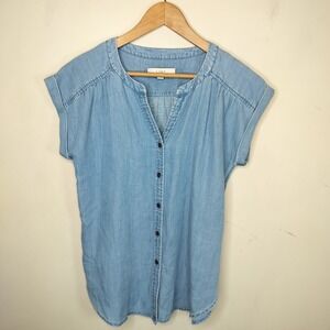 LOFT  Chambray Button Up Shirt V Neck Cap Sleeve